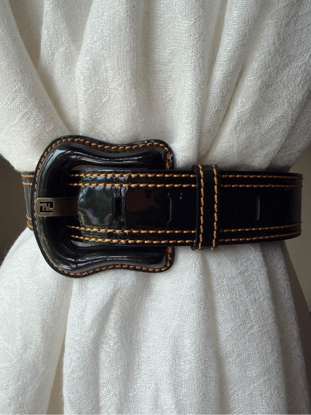 B-FENDI Black Patent Belt with Orange Stitching
